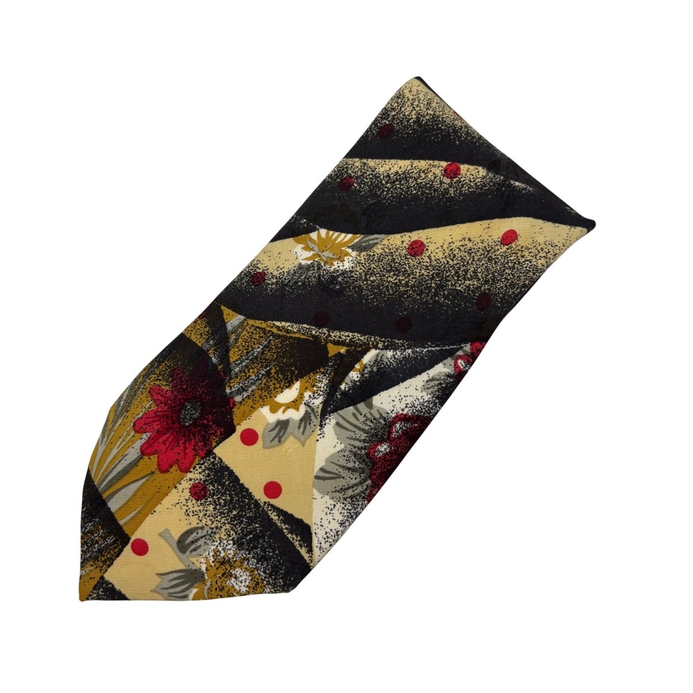 Brioni Silk‎ Tie Mens Black Gold Red Abstract Floral Made Italy 80s Vintage